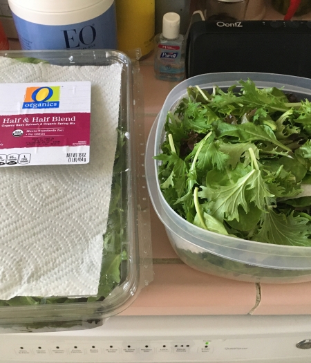 Salad greens should have space for air to flow, but also include a paper towel to absorb any extra moisture before sealing and putting in fridge.
